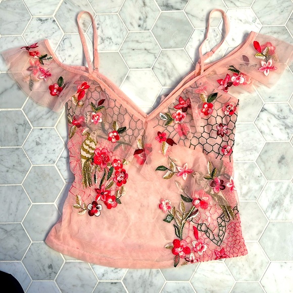 GUESS Sheer Pink Off the Shoulder Crop Top with Floral Embellishment - Picture 3 of 4